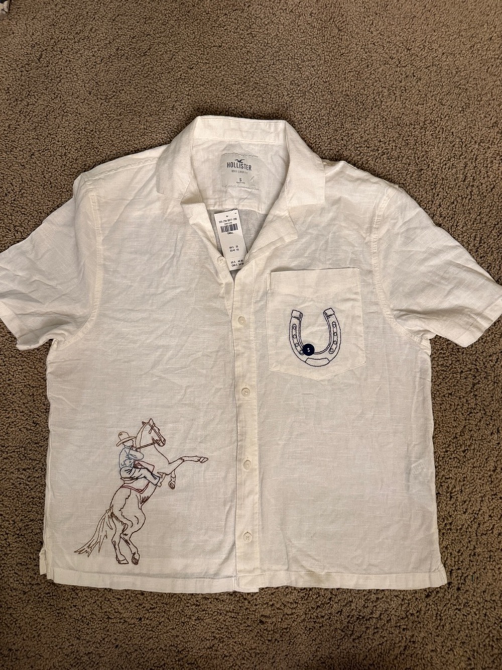 Hollister White Short-Sleeve Button-Down Shirt with Western Cowboy Embroidery